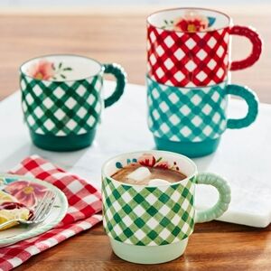 💕 New The Pioneer Woman Merry Meadow Gingham Checkered Mugs With Rack 5 Piece